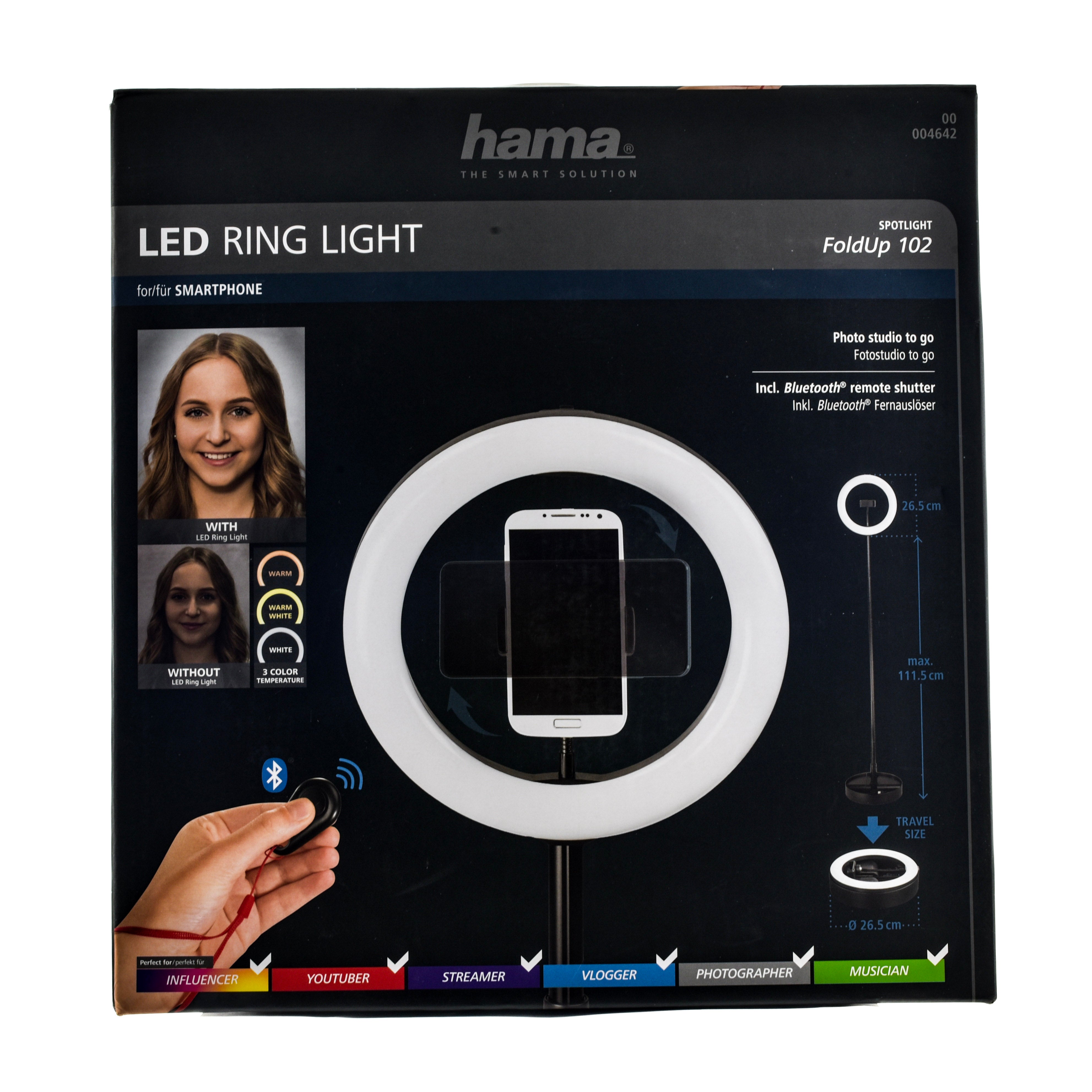 Lampe Anneau LED Hama SpotLight Work Area 67 - Support Smartphone/Tablette Pour Vlog, TikTok, Instagram, YouTube - Noir